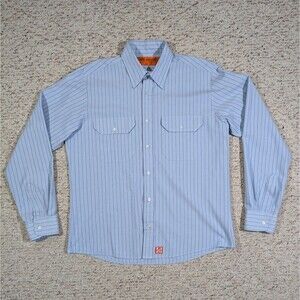 VANS x RED KAP Button Up Shirt Mens LARGE Blue Striped Pockets Workwear